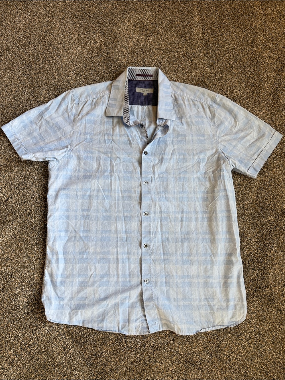 Ted Baker London Light Blue Short Sleeve Button-Down Shirt with Subtle Plaid